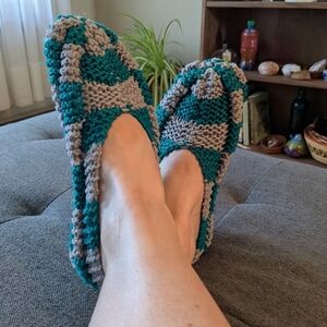 Handmade Knitted Acrylic Yarn Slippers Pantouffles Turquoise Grey